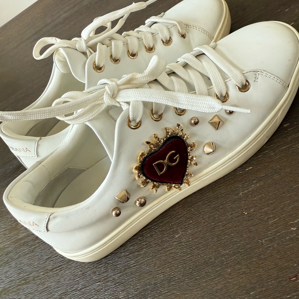 Dolce & Gabbana White Sneakers with Gold Studs